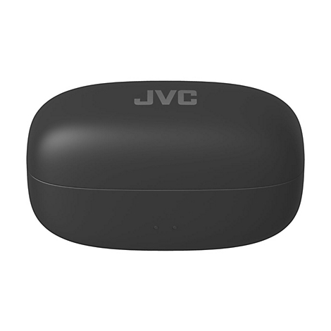 Geschlossenes, schwarzes JVC Kopfhörer-Ladecase vor weißem Hintergrund.