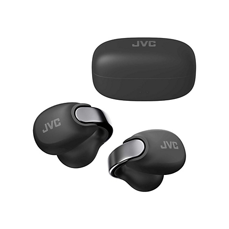Schwarze JVC In-Ear-Kopfhörer mit Ladecase vor weißem Hintergrund.