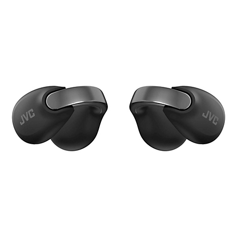 Schwarze JVC In-Ear-Kopfhörer vor weißem Hintergrund.