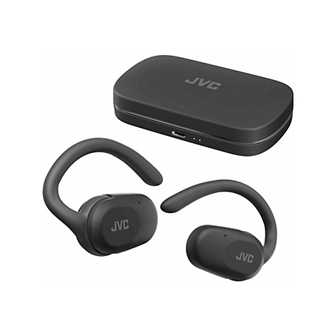 Schwarze JVC In-Ear-Kopfhörer mit Ohrbügeln und passendes Lade-Etui auf weißem Hintergrund.