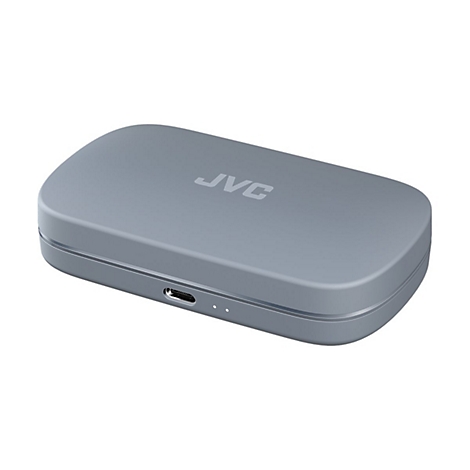 Graue, abgerundete JVC Ladebox für In-Ear-Kopfhörer mit USB-C-Anschluss an der Vorderseite.