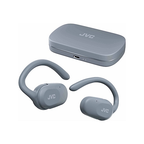 Graue JVC In-Ear-Kopfhörer mit Ohrbügeln und passendem Ladecase auf weißem Hintergrund.