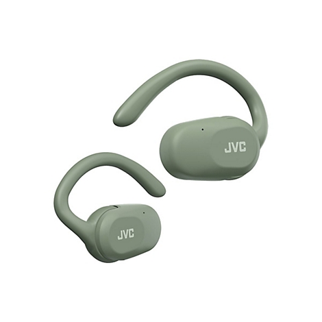 Zwei olivgrüne In-Ear-Kopfhörer mit Ohrbügel und weißem JVC-Logo vor weißem Hintergrund.