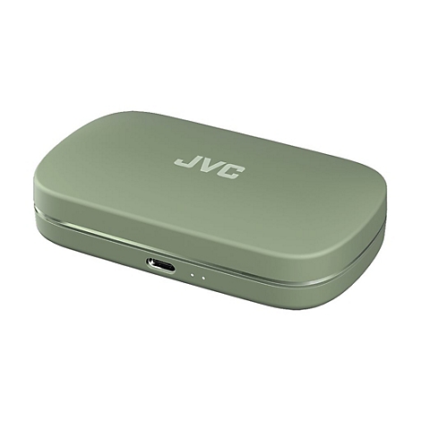 Hellgrünes, ovales Ladeetui für kabellose Kopfhörer mit JVC-Logo auf der Oberseite und USB-C-Anschluss vorne.