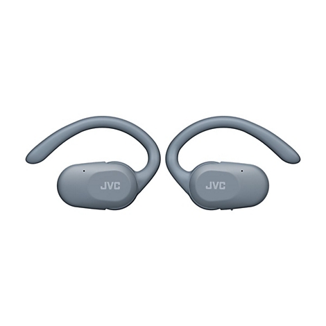 Blaugraue JVC In-Ear-Kopfhörer mit Ohrbügel vor weißem Hintergrund.