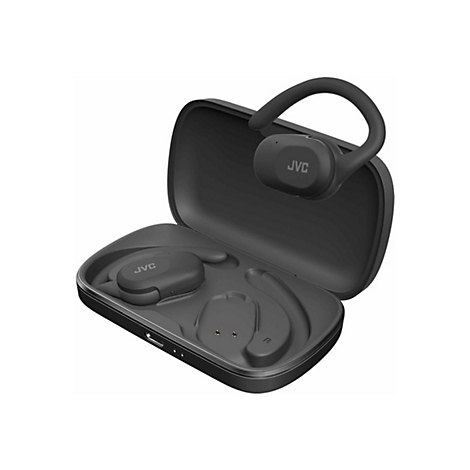 Schwarze JVC Sport-Kopfhörer mit Ohrbügeln in einer geöffneten, ebenfalls schwarzen Ladebox.