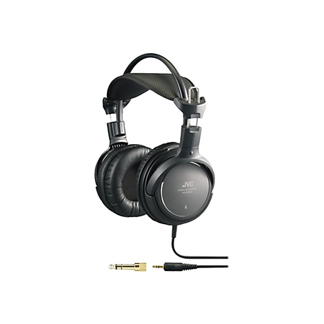 Schwarzer JVC Stereo-Kopfhörer HA-RX900 vor weißem Hintergrund mit Klinkenadapter.