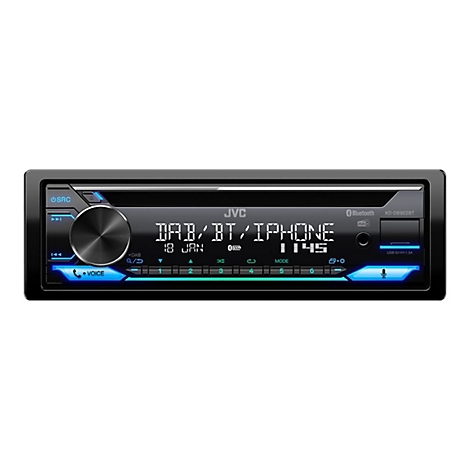 Schwarzes Autoradio mit blau beleuchteten Tasten und Anzeige. DAB/BT/iPhone wird angezeigt. JVC Logo.