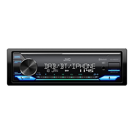 Schwarzes Autoradio mit blau beleuchteten Tasten und Anzeige, Markenname JVC, Text: DAB, BT, iPhone, Datum, Uhrzeit.