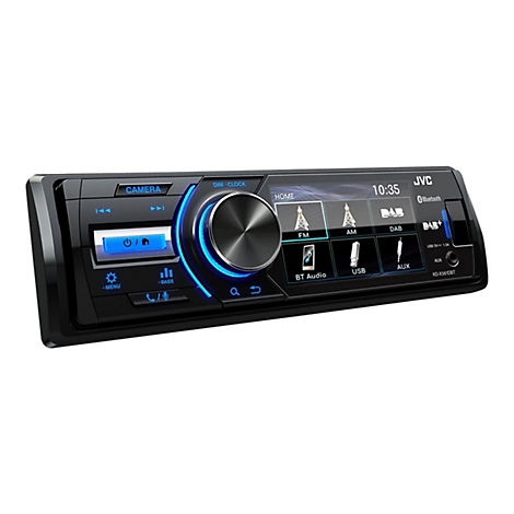 Schwarzes Autoradio von JVC mit Display, Knöpfen und Funktionen wie Bluetooth, FM/AM und USB-Anschluss.