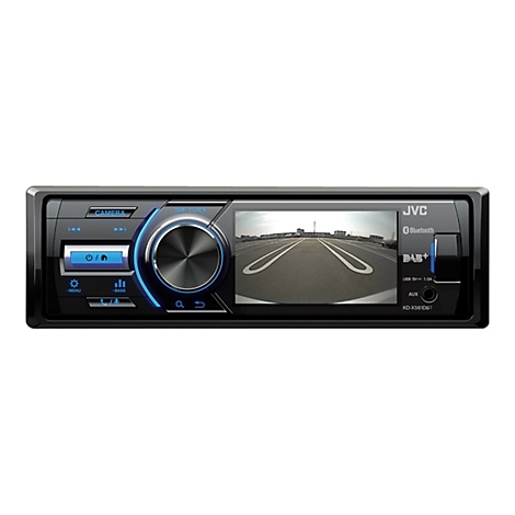 Ein schwarzes Autoradio der Marke JVC mit einem Bildschirm, der ein Rückfahrbild zeigt. Es hat Knöpfe für verschiedene Funktionen.