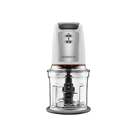 Ein weißer Kenwood Zerkleinerer mit transparentem Behälter und Skala vor neutralem Hintergrund.