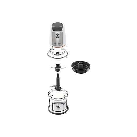 Zerlegter Kenwood Zerkleinerer mit Motorblock, durchsichtigem Behälter, Messern und Deckel auf weißem Hintergrund.