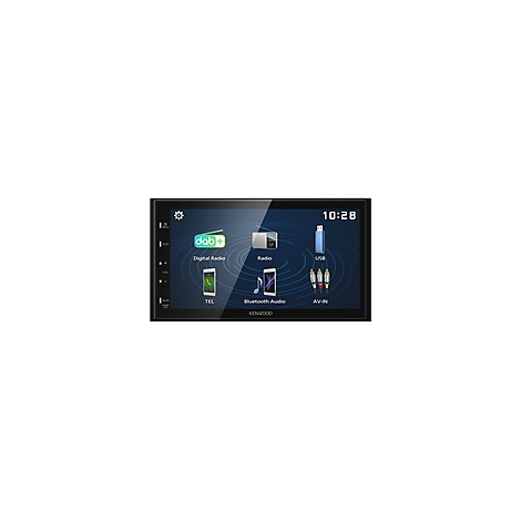 Ein Autoradio mit Touchscreen zeigt verschiedene Funktionen: Digitalradio, Radio, USB, Telefon, Bluetooth-Audio und AV-IN.