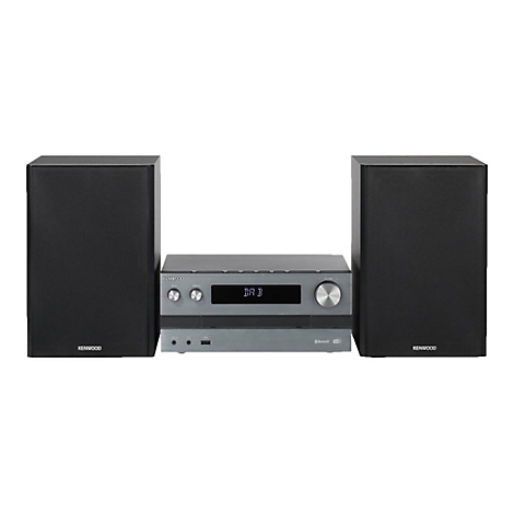Kenwood Stereoanlage in Grau mit zwei schwarzen Lautsprechern vor weißem Hintergrund.