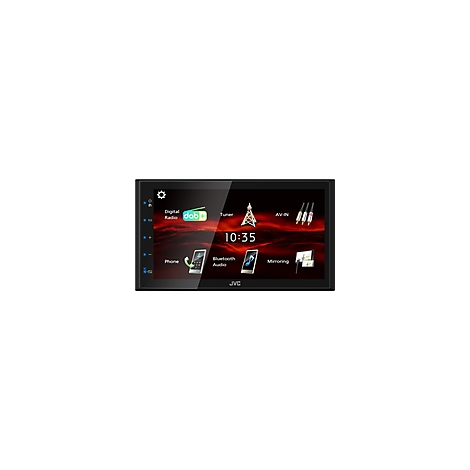 Schwarzes JVC Autoradio mit Touchscreen und Symbolen für Digitalradio, Bluetooth, Telefon, etc. Uhrzeit 10:35.