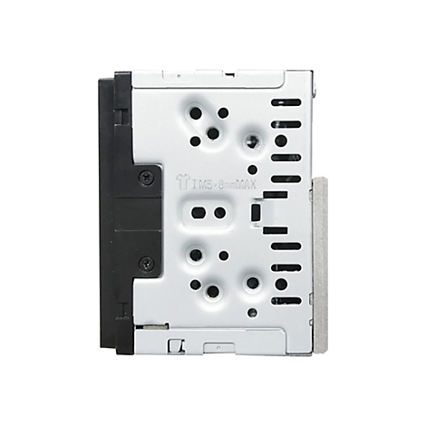 Nahaufnahme der Rückseite eines Metallgehäuses mit Schrauben, Löchern und Prägungen. Auf dem Gehäuse ist der Schriftzug „M5x8mmMAX“ zu sehen.