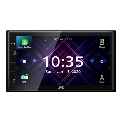 Schwarzes JVC Autoradio mit Touchscreen. Auf dem Display: Uhrzeit, Datum und App-Symbole.