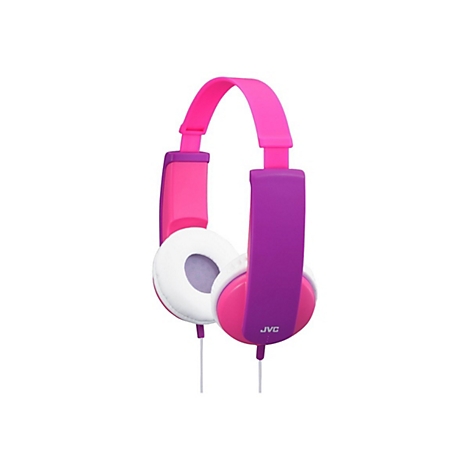 Kabelgebundener Kinder-Kopfhörer von JVC in Pink und Violett mit weißen Ohrpolstern.