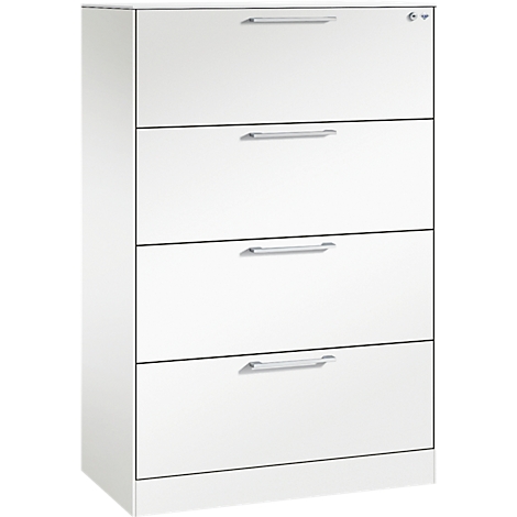 Witte archiefkast met vier lades en zilveren handgrepen. Rechtsboven zit een slot.