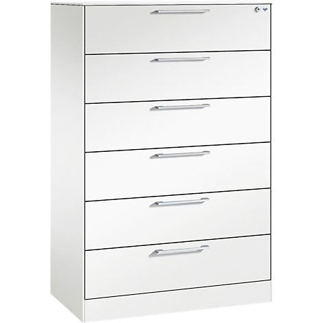 Witte archiefkast met zes lades. Elke lade heeft een zilverkleurige handgreep.