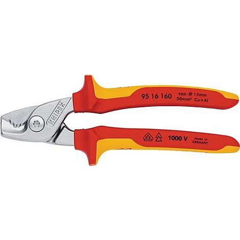 Een rode en gele tang met een zilveren kop. Op de handgreep staat "KNIPEX" en andere informatie.