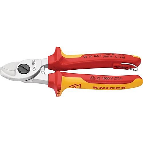 Rood-gele Knipex kabelsnijder. De snijbekken zijn zilverkleurig, de handgreep rood en geel met opschrift en het Knipex-logo.