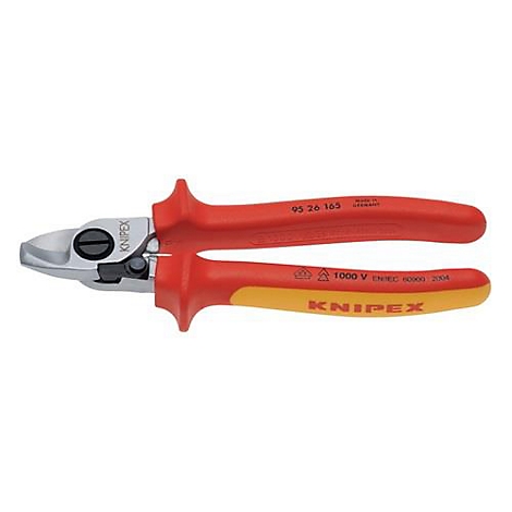Een rode en gele Knipex tang. Opschrift: 95 26 165, 1000 V. Zilverkleurig metalen deel.
