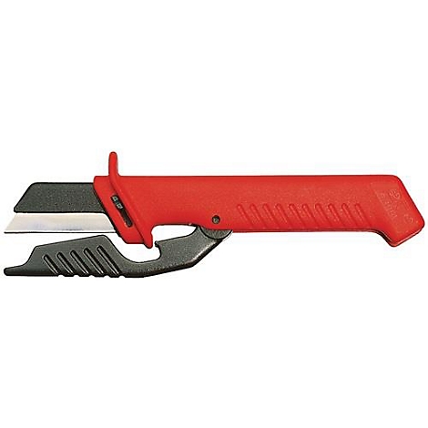 Een rood en zwart hobbymes met het mes uitgeklapt.