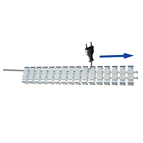 Silver power cable being plugged into a chain link with a blue arrow.