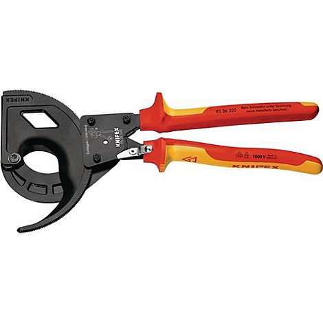 Zwarte, rode en gele kabelsnijder. Rood-gele handvatten, zwarte messen, opschrift 'KNIPEX'.