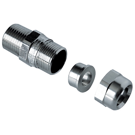 Een metalen connector met schroefdraad en afdichtringen, gerangschikt in afzonderlijke delen.
