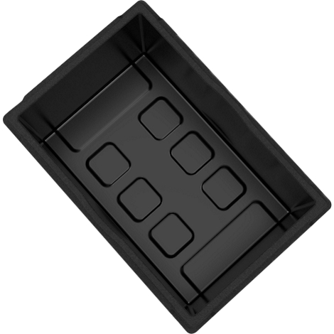 Schwarze, rechteckige Aufbewahrungsbox mit quadratischen Vertiefungen.