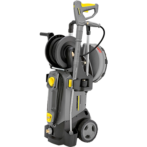 Gray high-pressure cleaner with yellow accents and hose reel. On wheels, with lance.