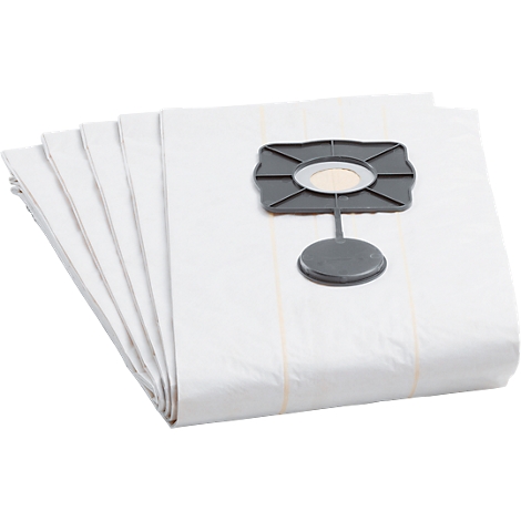 Een stapel witte stofzuigerzakken, waarop een grijze plastic houder zichtbaar is.