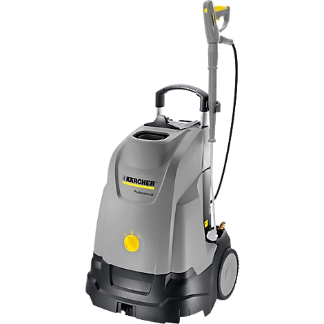 Grey Kärcher high-pressure cleaner, with yellow accents and wheels.