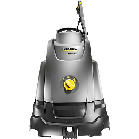 Grey pressure washer with yellow accents. Black base, yellow knob. Kärcher logo.