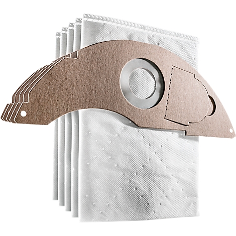 Close-up of vacuum cleaner bags. Several white fabric bags with brown cardboard holders.