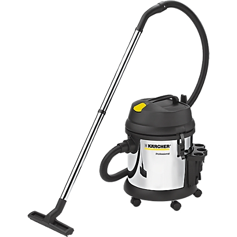 A Kärcher vacuum cleaner. It has a silver container, a black lid and a suction stick with nozzle.