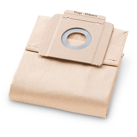 Beige vacuum cleaner bag with gray ring and the words "Top Oben".