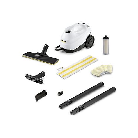 Kärcher Dampfreiniger Set mit Gerät, Bodendüse, Verlängerungsrohren, Aufsätzen und Wischtüchern vor weißem Hintergrund.