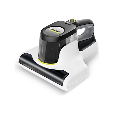 Kärcher Milbensauger in Weiß und Schwarz mit ergonomischem Handgriff vor neutralem Hintergrund.