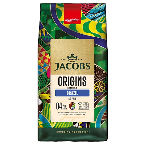 Kaffeepackungen im Karton. Jacobs Origins Brazil. Grüne Verpackungen mit Muster, goldene Schrift. Anzeige von Kaffeebohnen und Kaffeemaschine.