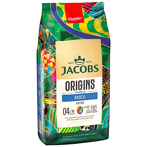 Jacobs Origins Kaffeebeutel, goldfarbenes Etikett mit Infos und Logo, bunte Verzierungen.