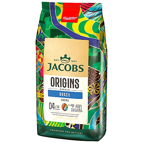 Kaffeepackung von Jacobs Origins Brazil mit floralem Muster, blauem Schriftzug und Kaffeebild. Aufschrift: "Crema".