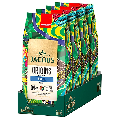 Eine Kaffeepackung von Jacobs Origins mit der Aufschrift "Brazil Crema". Daneben weitere Packungen in einer grünen Box.