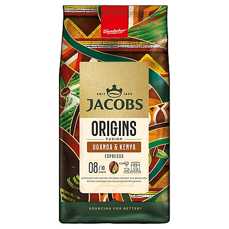 Kaffeepackung mit Jacobs Origins Uganda & Kenya Espresso, Muster und Texturen.