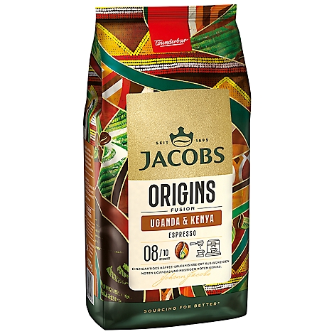 Kaffeepackung von Jacobs Origins, Uganda & Kenya Espresso. Bunte, gemusterte Verpackung mit Logo, Produktbezeichnung und Bewertung.