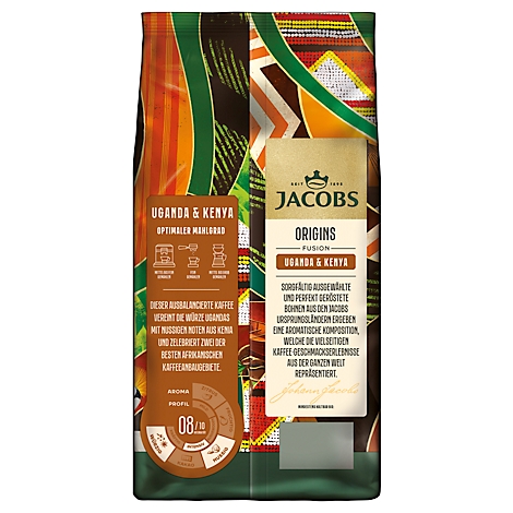 Kaffeepackung mit Jacobs Origins Uganda & Kenya. Braune Packung mit Text und Logo. Aufkleber mit Aromaprofil.