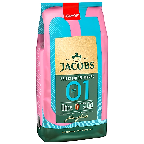 Verpackung Jacobs Kaffee, pink, türkise Elemente, gelbes Logo mit Schriftzug. Bezeichnung Selektion des Jahres, No. 01. Text Johann Jacobs.